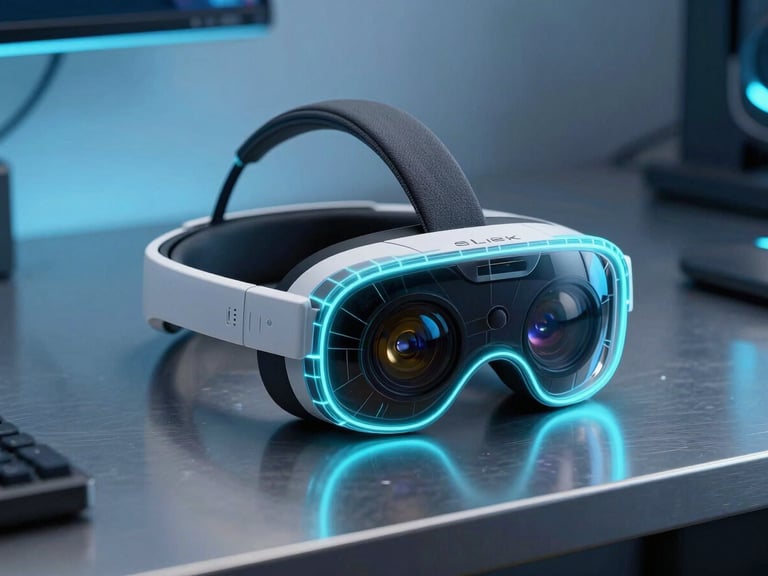 Sleek enterprise AR hardware headset resting on a dark metallic workbench, cool blue ambient light, sharp neon cyan wireframe overlay outlining the headset's optical sensors, landscape aspect