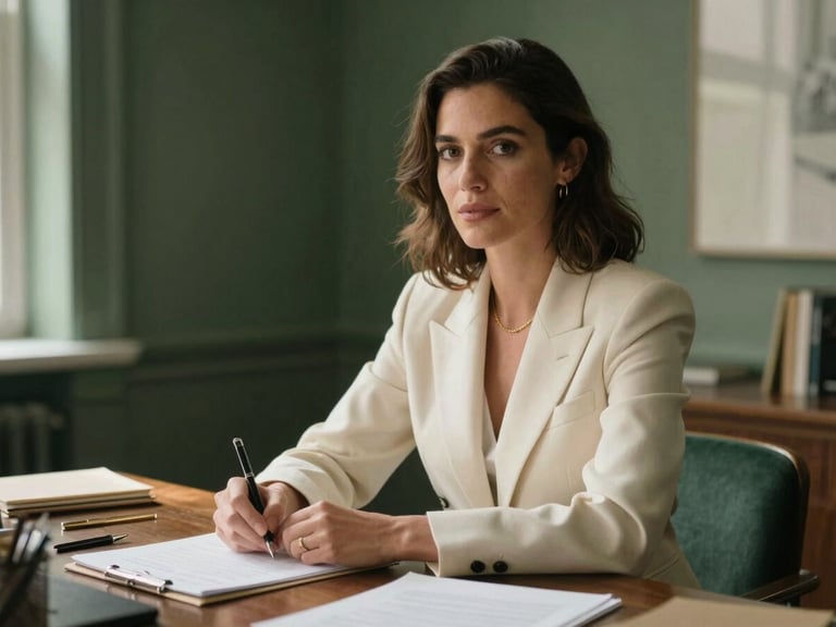 An elegant, warm-toned editorial portrait of Isabella Wild, a professional female strategist in a light cream blazer, sitting at a dark wood desk with high-quality stationery, soft natural window light casting gentle shadows, 35mm photography