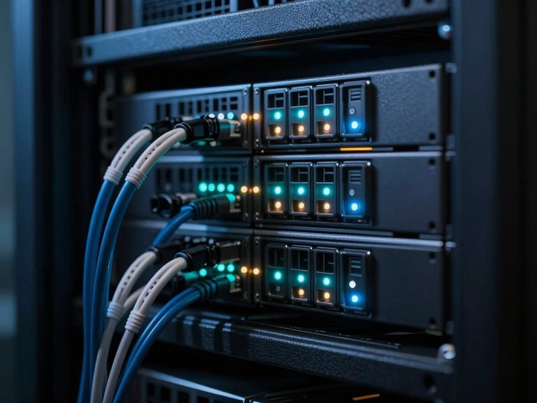 Dramatic low-key macro photography of clean server rack cabling with neon cyan indicator lights, 35mm, cool-toned studio lighting