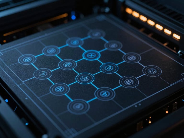 Macro detail of a high-contrast technical blueprint showing data flow nodes, cyan vector lines on a dark slate background, sharp architectural precision.