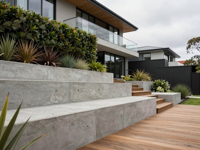 Wide architectural elevation of a finished residential garden in Melbourne, showing off-form concrete retaining walls and timber decking, soft overcast daylight.