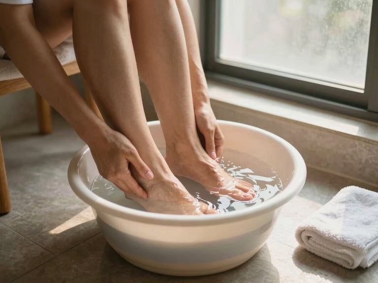 Practitioner's hands preparing a foot soak basin on a bathroom floor, small ceramic bowl with warm water, a folded towel beside it, warm morning light through a frosted window, intimate and unhurried
