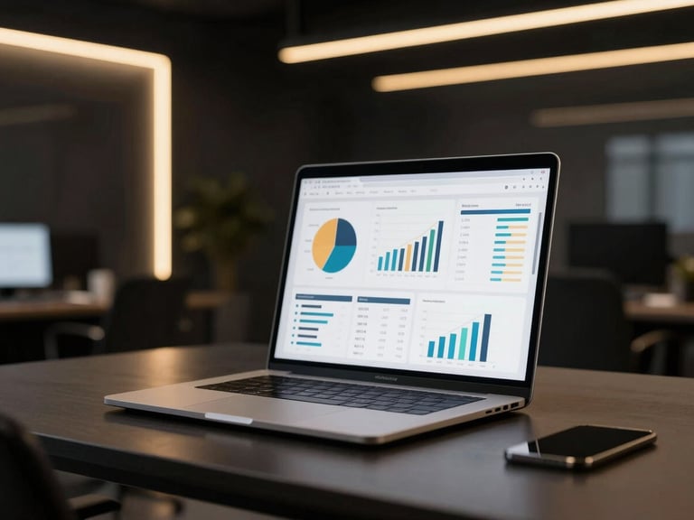 Sleek modern tech workspace with a laptop showing marketing analytics, subtle gold lighting accents, premium dark-mode corporate photography