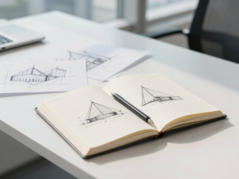Bright modern office with architectural sketches and a notebook on a clean desk, soft daylight