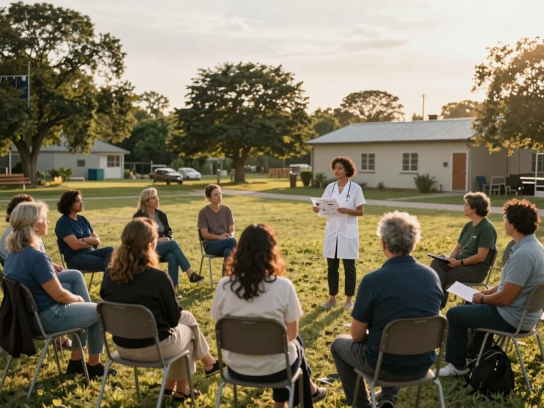 Wide environmental framing, golden-hour daylight — a small group of adults seated in chairs arranged in a semicircle outdoors, a health educator standing before them with a printed chart, community trees and a simple building in the background, warm light across the gathering, engaged faces turned toward the speaker
