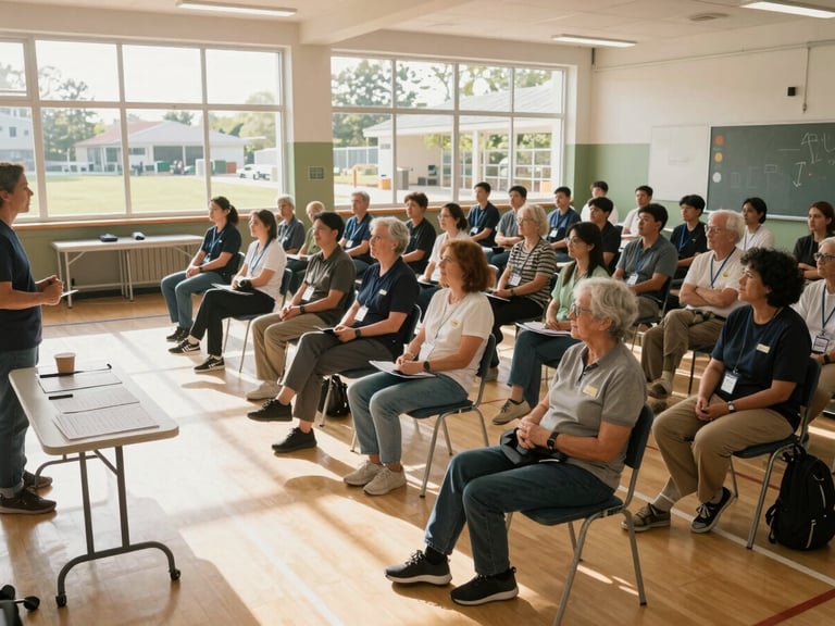 Wide environmental shot of a community wellness seminar in a sunlit school gymnasium, rows of community members of all ages seated and engaged, a presenter at the front with educational materials on a folding table, daylight streaming through high windows, an atmosphere of active participation