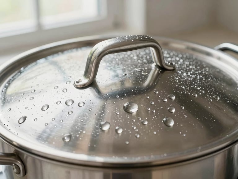 Close-up of a pristine stainless steel pot lid with condensation droplets, soft metallic reflections, bright natural window light, clinical-warm aesthetic