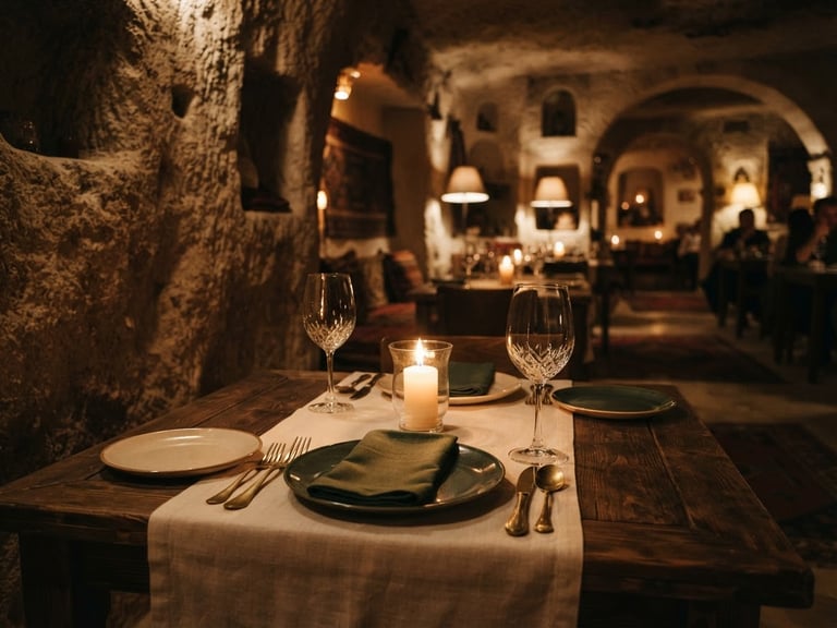 Intimate candlelit stone cave interior of Cappa IL Gusto restaurant in Göreme, warm low-key lighting, empty wood table set for two, wine glasses reflecting soft light, deep green and cream tones.