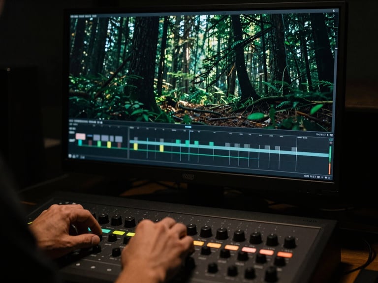 A professional colorist's hands adjusting dials on a grading suite panel, a large monitor displaying a moody forest scene with rich shadows and green undertones, anamorphic aspect ratio, 35mm grain
