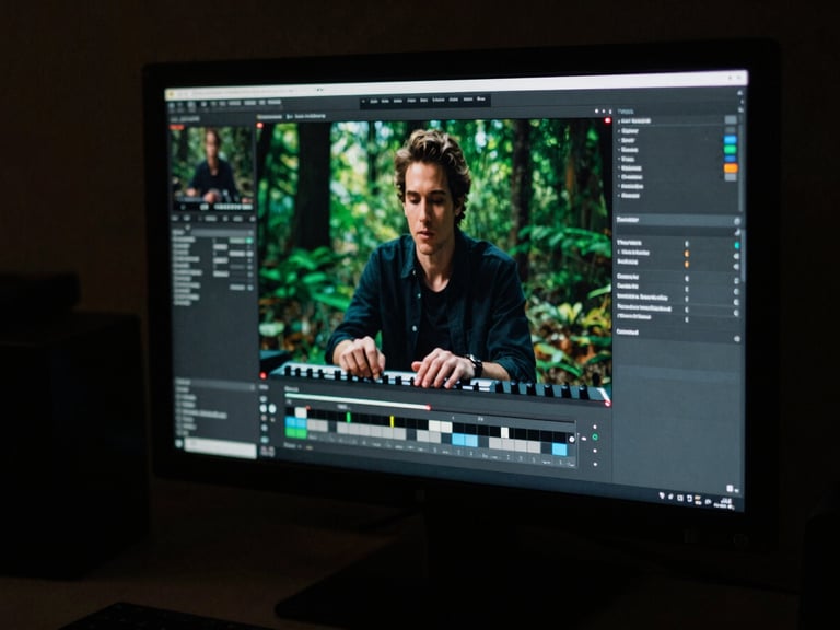 A dimly lit color grading suite with a large monitor displaying a beautifully lit interview subject, hands on a control surface, rich forest green undertones, 35mm grain.