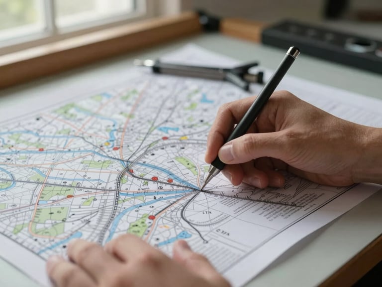 Extreme close-up of a cartographer's hands annotating a printed map proof on a light drafting table, technical measurement tool resting on paper, ink detail and paper grain sharp, even north-facing window light, no face visible