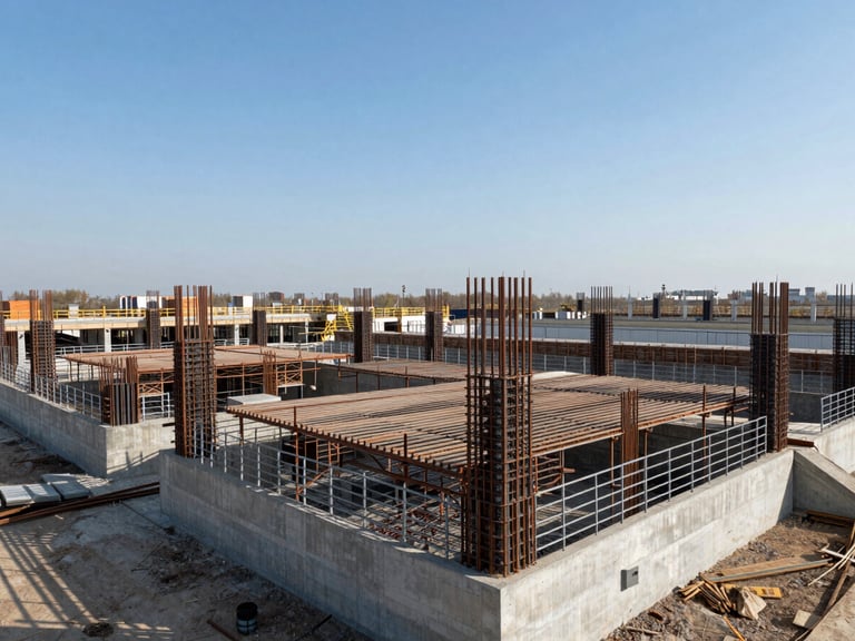 Wide-angle environmental shot of structural steel framing and concrete foundations of a large-scale commercial development under clear daylight