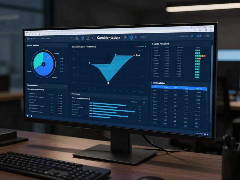 Wide shot of a campaign analytics dashboard on a large monitor in a darkened strategy room, multiple data panels and funnel charts visible on screen, electric blue UI elements on deep navy interface, cinematic overhead lighting casting sharp shadows on the desk surface, no people visible, precise and technical in feel