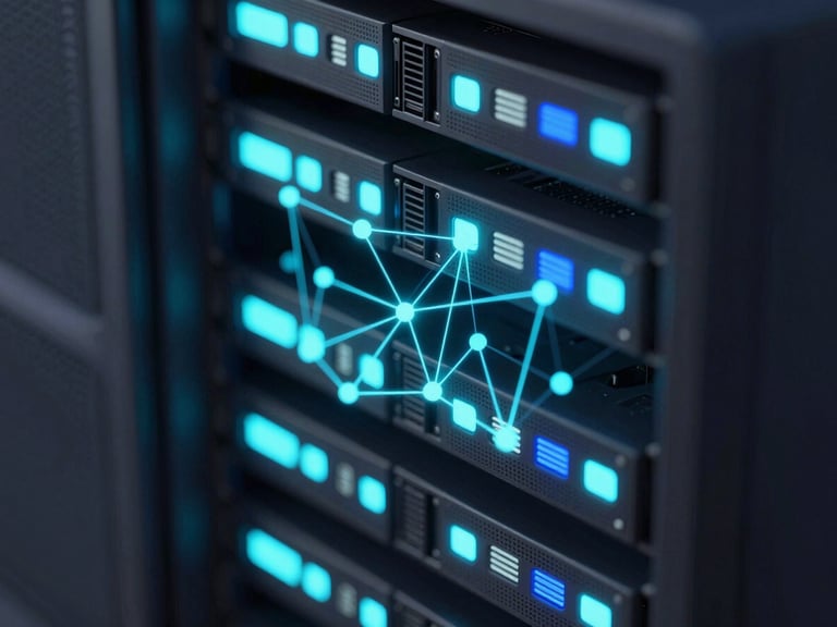 Macro close-up of server hardware racks with glowing neon teal and electric blue LED indicators, dark-mode 3d render, isometric technical style, octane render