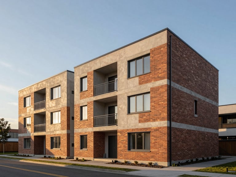 Architectural rendering of a modern four-story student hostel building with clean lines, brick and concrete facade, warm golden hour lighting, clear blue sky, wide-angle environmental framing.