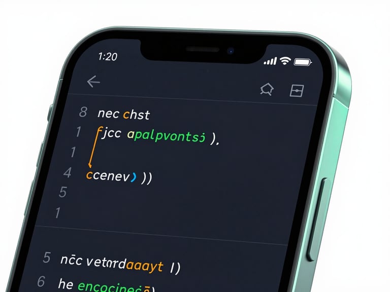 Sleek 3D render of a mobile interface displaying a clean code terminal, dark mode with vibrant neon-mint backlighting, sharp geometric composition, macro shot