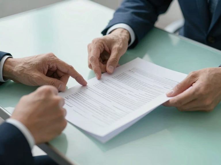 Close-up of hands reviewing financial documents on a modern desk, clean angles, natural daylight, corporate blue and green tones.