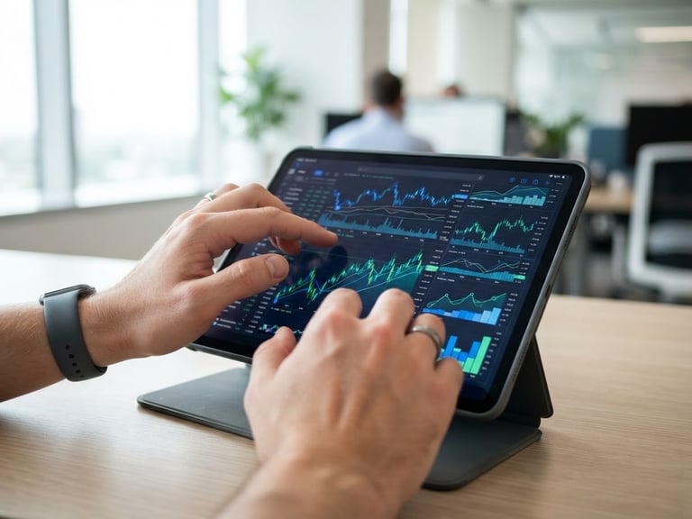 Close-up de mãos digitando em um tablet com gráficos financeiros, luz natural, tons de azul e verde corporativos, foco nítido.