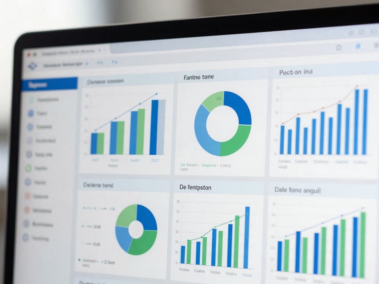 Financial charts and graphs on a clean digital screen, representing data analysis and planning, corporate blue and green tones.