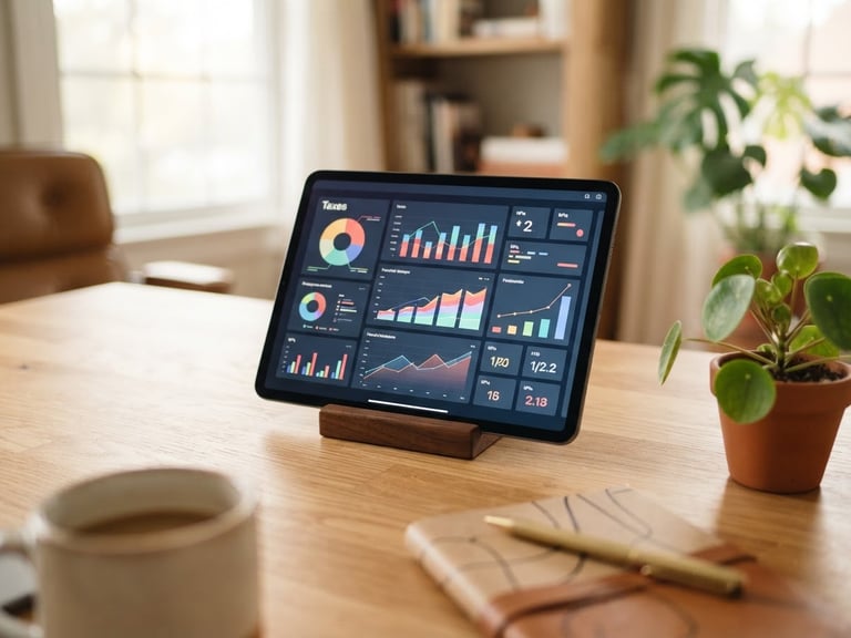 A clean modern wooden desk with a tablet displaying a tax dashboard, soft morning light, professional workspace, shallow depth of field.