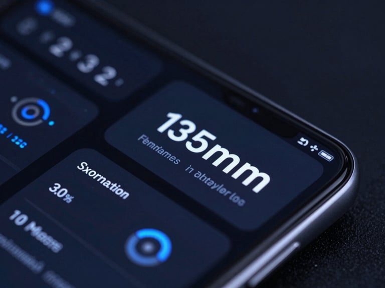 Macro close-up of high-end mobile hardware displaying complex telemetry UI layouts, low-key dramatic studio lighting, deep obsidian and electric blue tones, sharp focus, 35mm