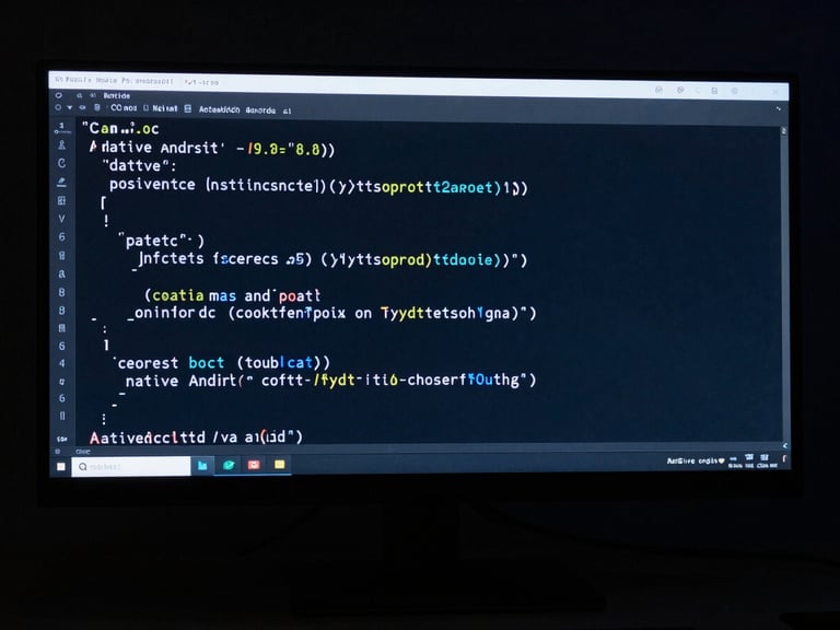 High-contrast macro photo of developer analyzing native Android code on an ultra-wide monitor, sharp blue highlights, dark studio environment