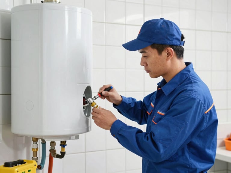 Technician in uniform installing a new electric water heater, tools nearby, clean and structured grid background, natural indoor utility room lighting, clean blue and orange tones, sharp focus, 35mm lens
