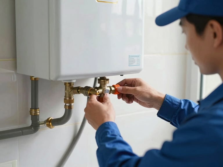 Technician in uniform working on a gas water heater, hands visible adjusting a valve, natural indoor utility room lighting, clean blue and orange tones, sharp focus, 35mm lens