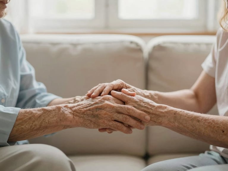 Mãos de uma neta segurando as mãos de sua avó idosa em um sofá, luz natural suave, foco na conexão e conforto.