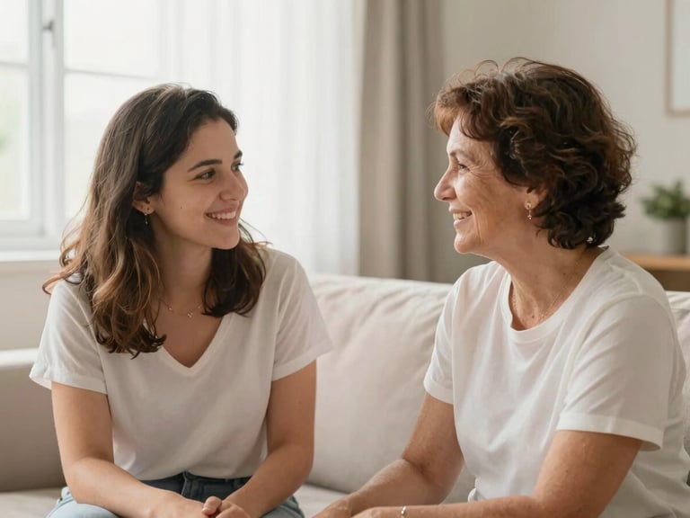 Dra. Flávia Decaris conversando com um casal de filhos adultos e sua mãe idosa em uma sala de estar, todos sorrindo, atmosfera acolhedora.