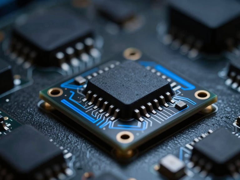 Macro shot of an industrial microcontroller with cool blue technical highlights, deep obsidian and slate tones, low-key lighting, focused perspective.