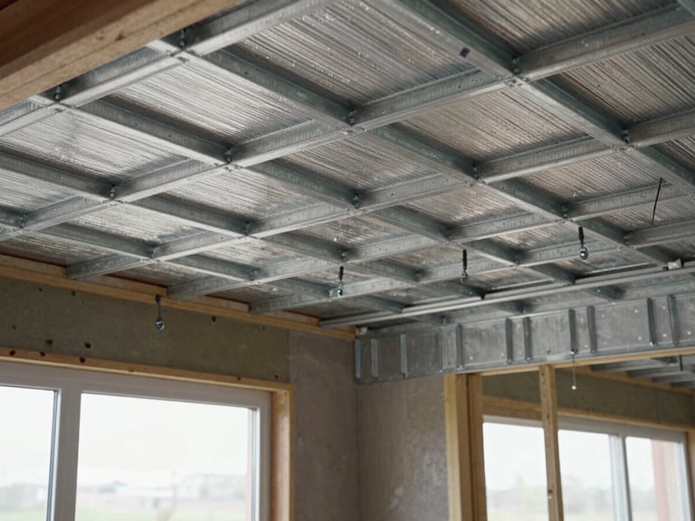 Close-up wide shot of metal furring channel grid being installed on ceiling joists in an under-construction room, fasteners and hangers visible in sharp detail, even overcast natural light from side windows, no workers, framing pattern extends to all four edges of frame