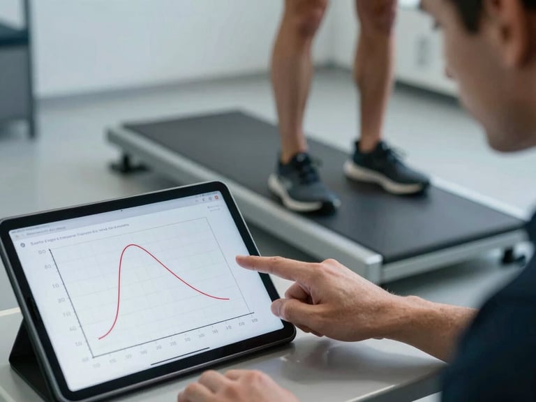 Close-up of a coach pointing to a tablet screen displaying biomechanical force curves, an athlete standing on a force plate in the background, cool clinical lighting