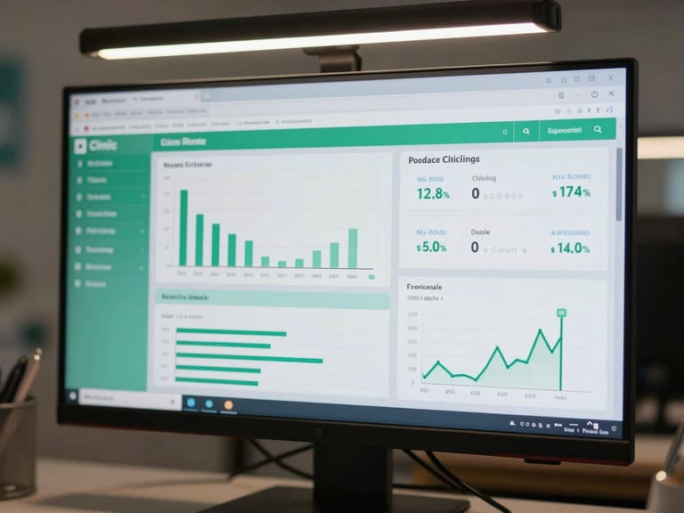 Eye-level medium shot of a desktop monitor displaying a green-accented clinic analytics dashboard with appointment graphs, no-show rate counters, and patient flow charts, clinical LED overhead lighting, desk surface partially visible, no human faces, data clearly legible on screen