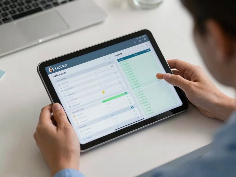 Overhead shot of a clinic staff member's hands operating a tablet showing a multi-panel analytics dashboard with patient appointment counts, voice intake logs, and green chart lines, clean desk surface, ambient LED office lighting, professional clinical environment