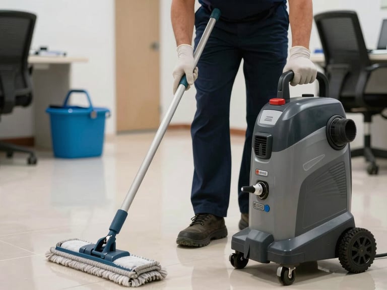 Close-up documentary shot, gloved hands of a uniformed technician operating professional cleaning equipment on a polished office floor in Casablanca, bright practical indoor lighting, mop and bucket in background, emphasis on technique and precision — no faces, no staging