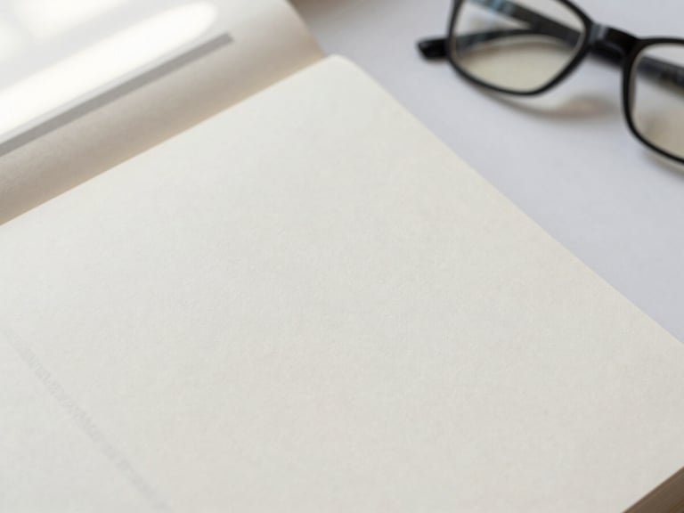 Overhead flatlay of an open minimalist book with clean typography on warm paper, soft window light, reading glasses nearby