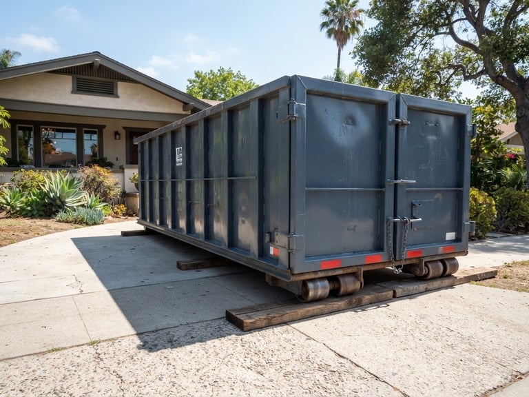 Low-angle wide shot of a clean 20-yard steel dumpster parked on a residential Pasadena driveway, bright California daylight, sharp shadows, wooden boards underneath rollers.