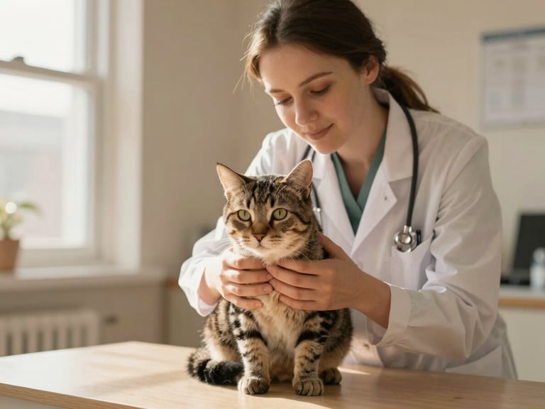 A gentle veterinarian in a warm beige clinic environment softly examining a calm tabby cat under soft natural window light.