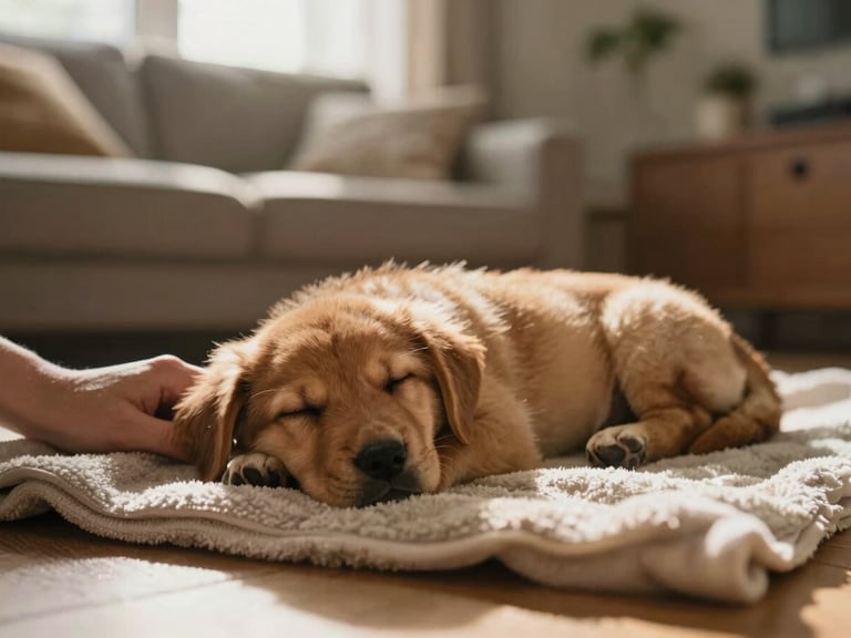 A cozy living room setting where a sleeping puppy rests on a soft blanket next to a foster parent's hand, warm natural light.