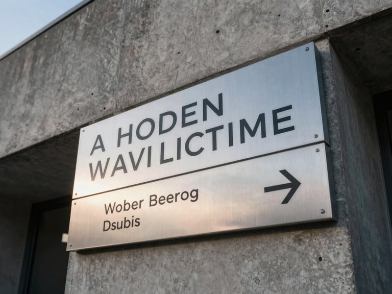 Close-up of an anodized aluminum wayfinding sign inside a modern concrete building, minimalist typography, crisp daylight.