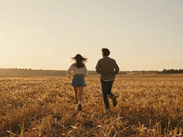 Cinematic wide shot of a couple running through a golden-hour field, warm backlighting, wind-blown hair, 35mm film look