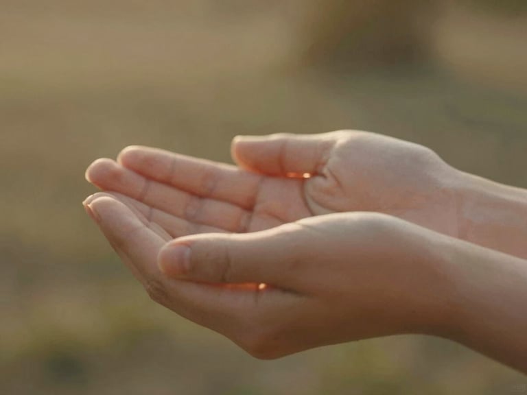 Close-up cinematic shot of hands holding gently, warm sun-drenched backlighting, soft natural depth of field