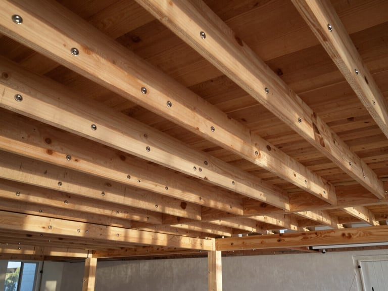 Wide shot looking along the underside of an exposed deck frame, joists evenly spaced and bolted, stainless fixings catching late afternoon light, clean shadow lines across the timber, no people