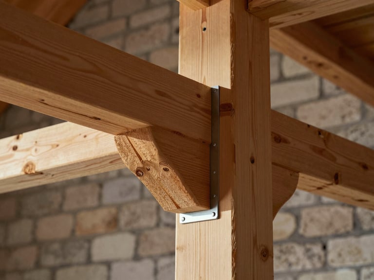 Tight close-up detail shot of a heavy timber rafter-to-wall-plate connection on a lean-to structure, morning sidelight revealing the grain of the wood and the precision of the cut joint, metal connector hardware visible, rendered masonry wall in soft background
