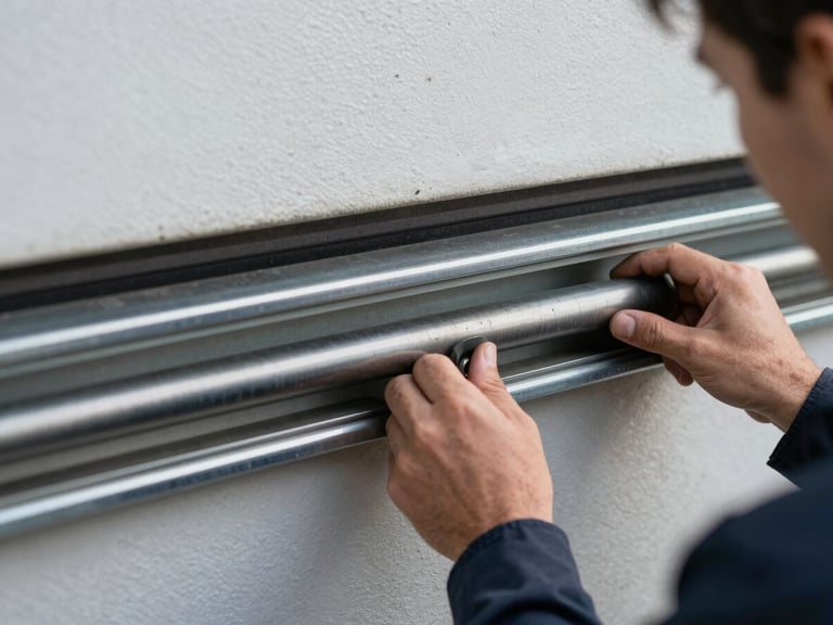 Close-up of garage door roller and metal track hardware, overcast morning light, technician's hands holding a roller off the track showing wear, over-shoulder angle, no staging