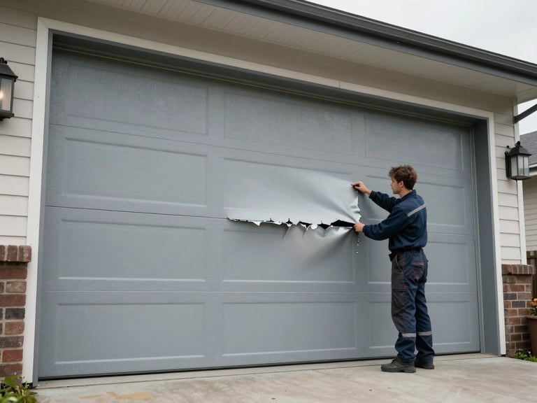 Wide exterior shot of a residential garage with one visibly dented steel panel, overcast daylight, technician standing to the side inspecting the damage from an angle, documentary framing