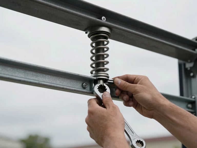 Close-up of a garage door torsion spring mounted above a metal track, overcast natural light, hands adjusting tension hardware with a wrench, documentary style, no staging