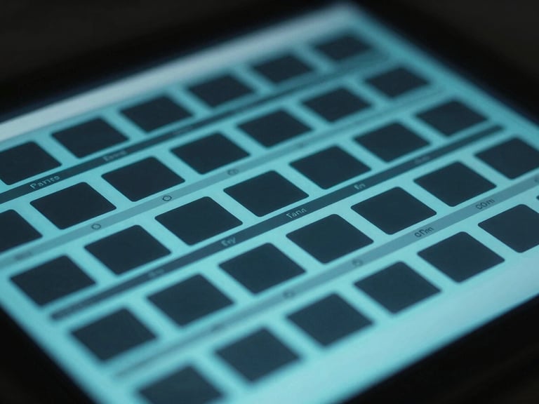 Macro close-up of digital interface displaying structured inventory grids, cool cyan screen glow