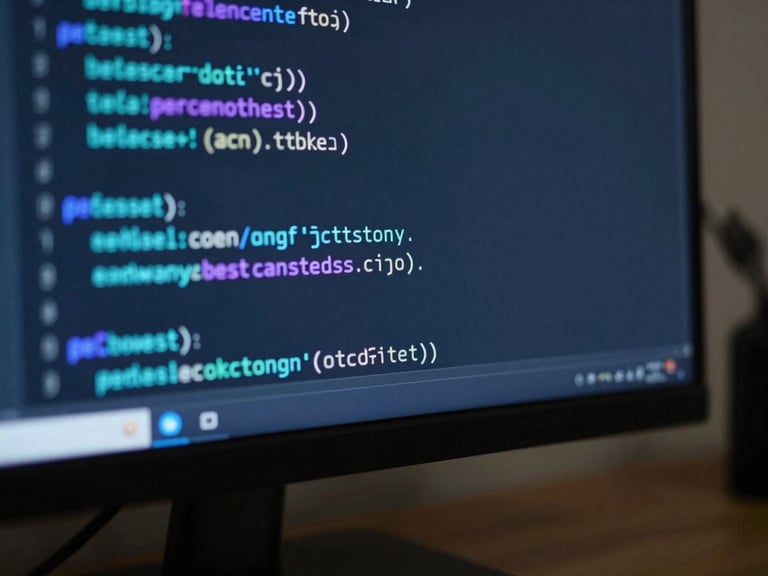 Macro close-up of clean code on a high-resolution dark monitor, vibrant cyan and purple syntax highlighting, sleek minimalist workspace, shallow depth of field, 35mm